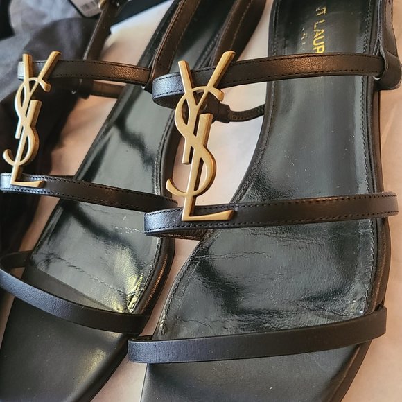 YSL Saint Laurent Cassandra Flat Leather Sandal Black With Gold Ysl LogoSz 39.5 - Picture 14 of 16